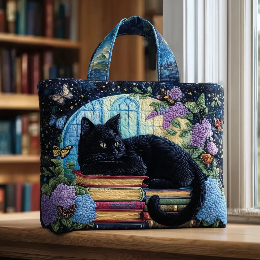 Handgemachte Tasche – Stoffbeutel „Schwarze Katze und Bücher“
