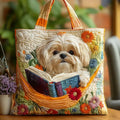 Kunsthandwerkliche Tasche – Shih Tzu mit Büchern und Blumen