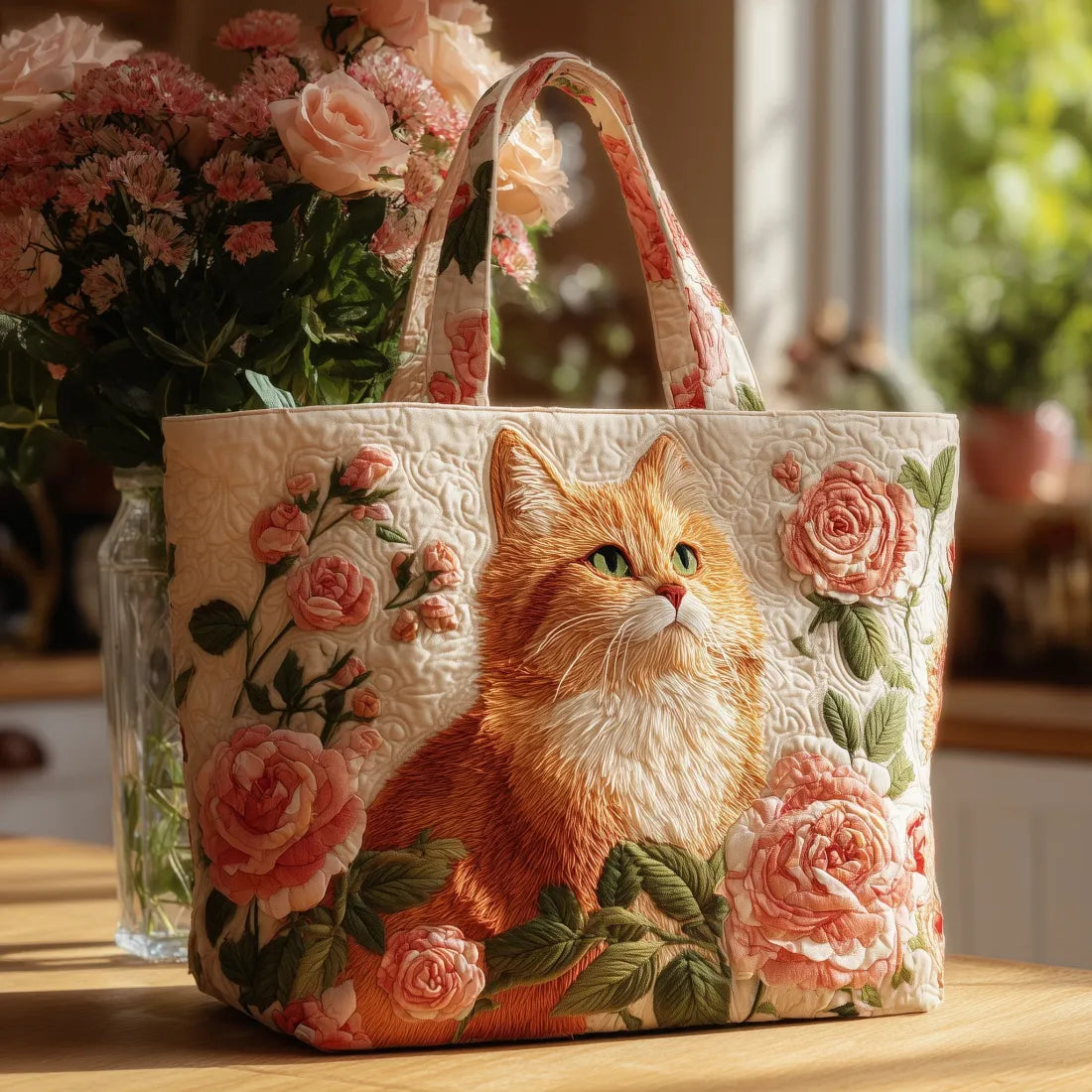 Handgemachte Tasche – Rote Katze mit Rosen