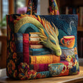 Handgemachte Tasche - Drache lesend mit Büchern und Tasse