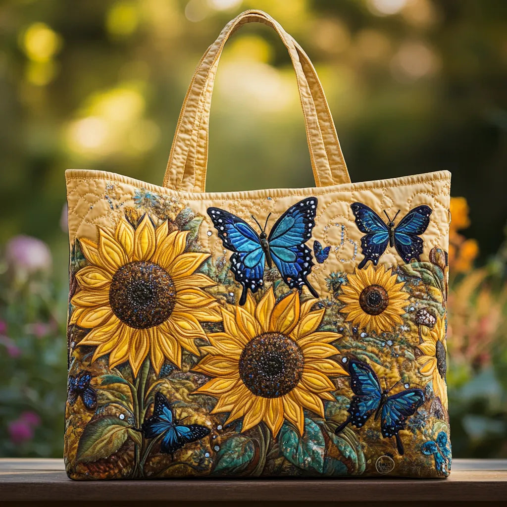 Handgemachte Tasche - Sonnenblumen und blaue Schmetterlinge