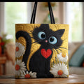 Handgemachte Tasche - Schwarze Katze und Gänseblümchen