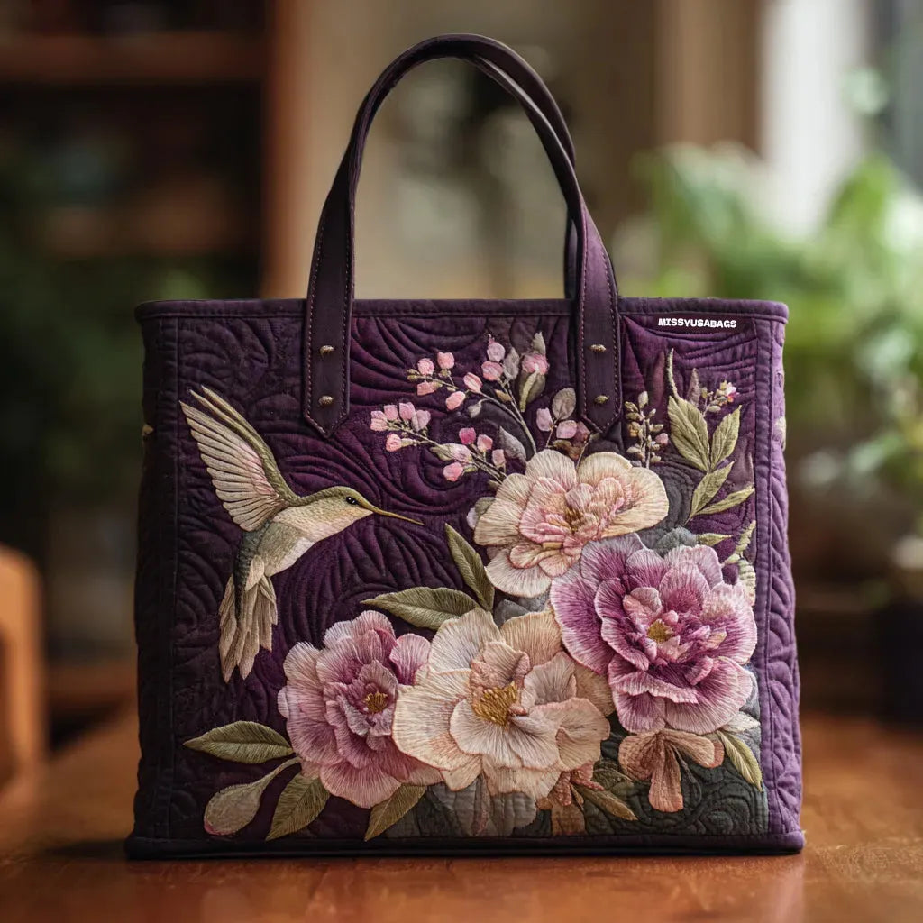 Handgefertigte Stepptasche - Kolibri und Orchidee
