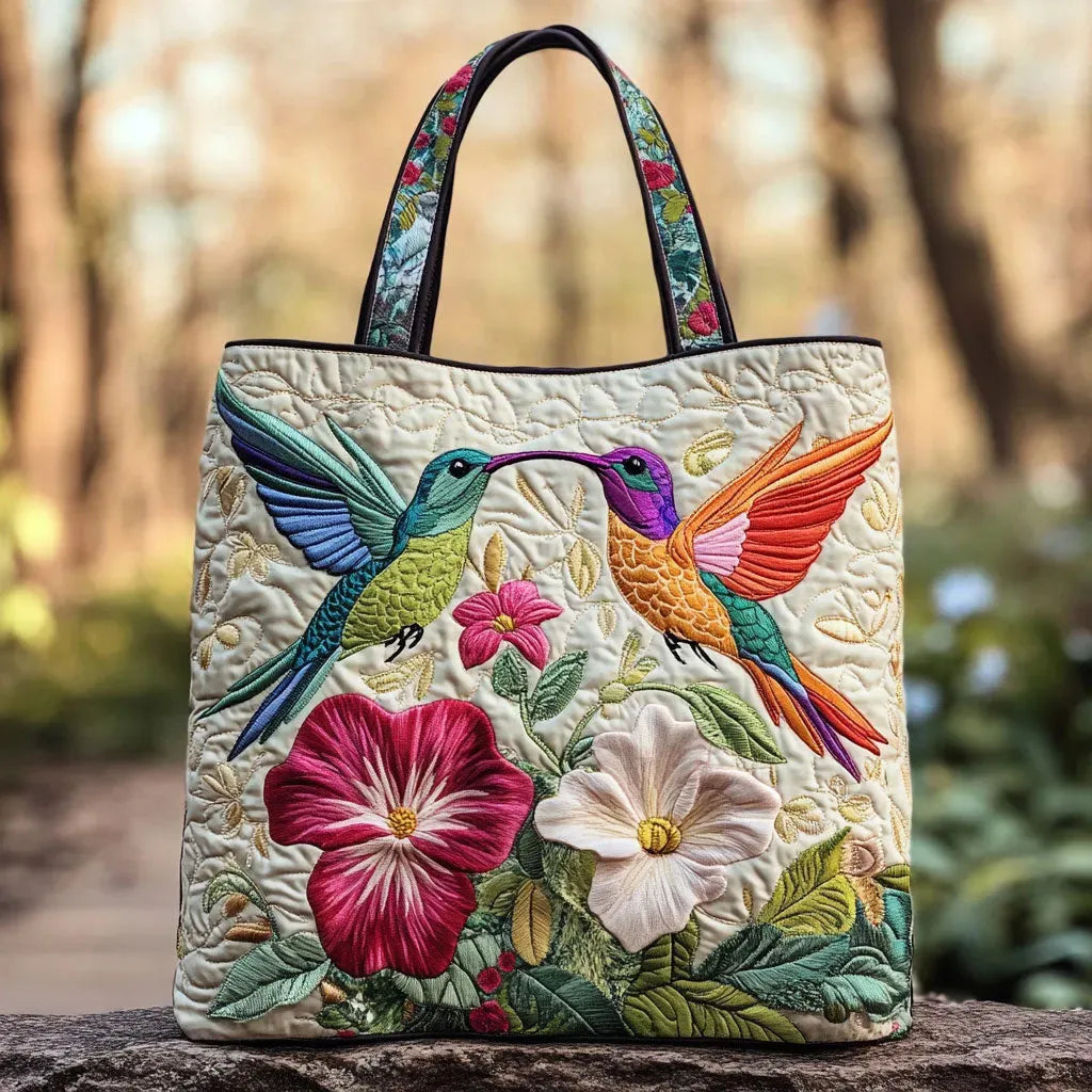Gesteppte Tasche – Kolibri und weiße Blumen