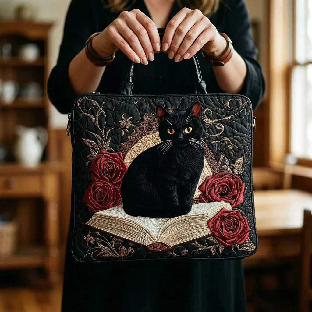 Handgefertigte Stepptasche – Schwarze Katze und Bücher