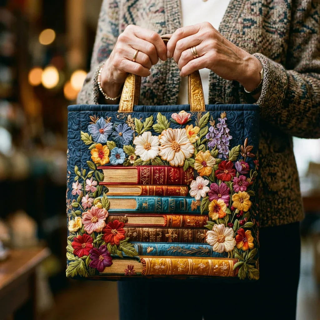 Handgemachte Tasche - Blumendruck und Bücher