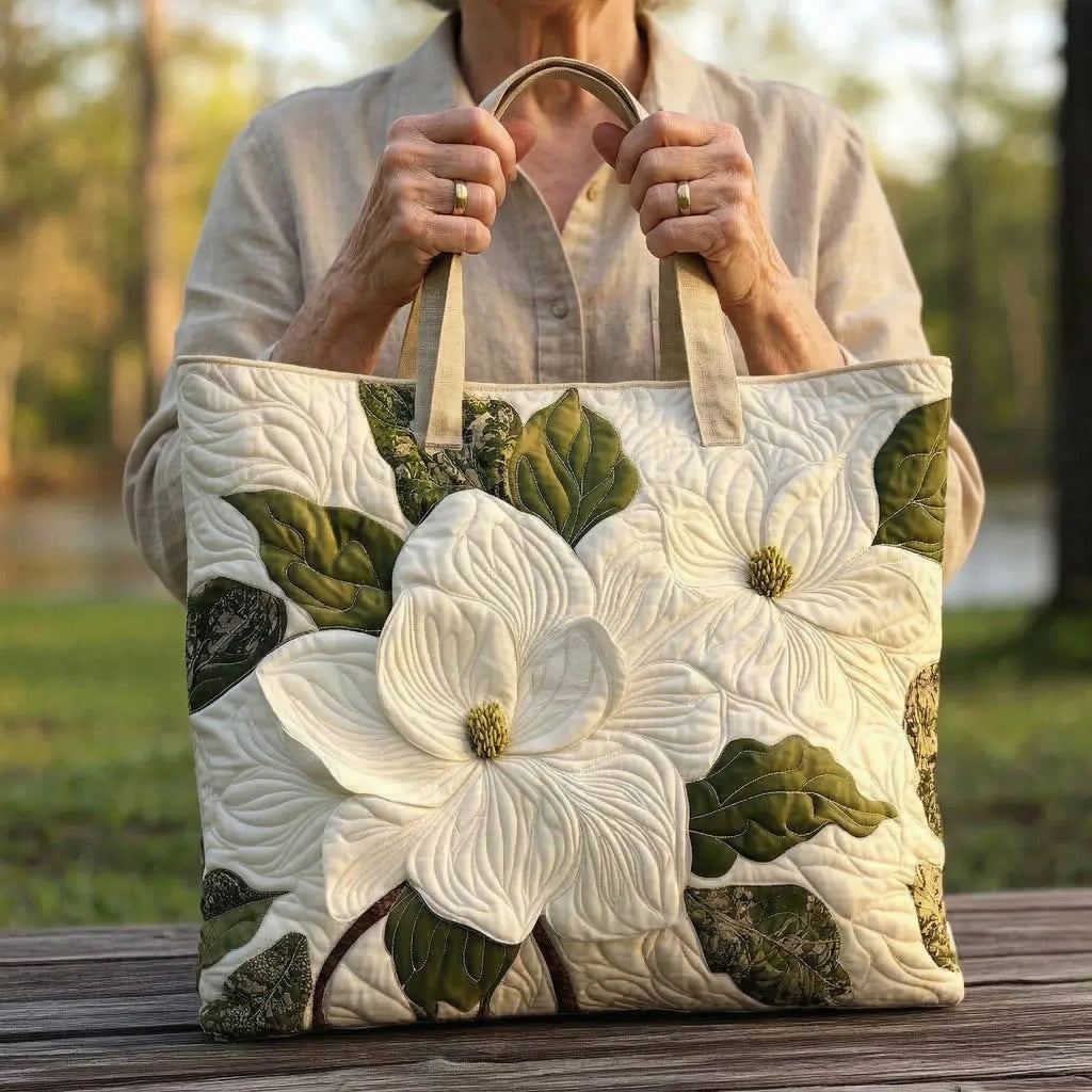 Handgefertigte Stepptasche – Elegante Weiße Lilie