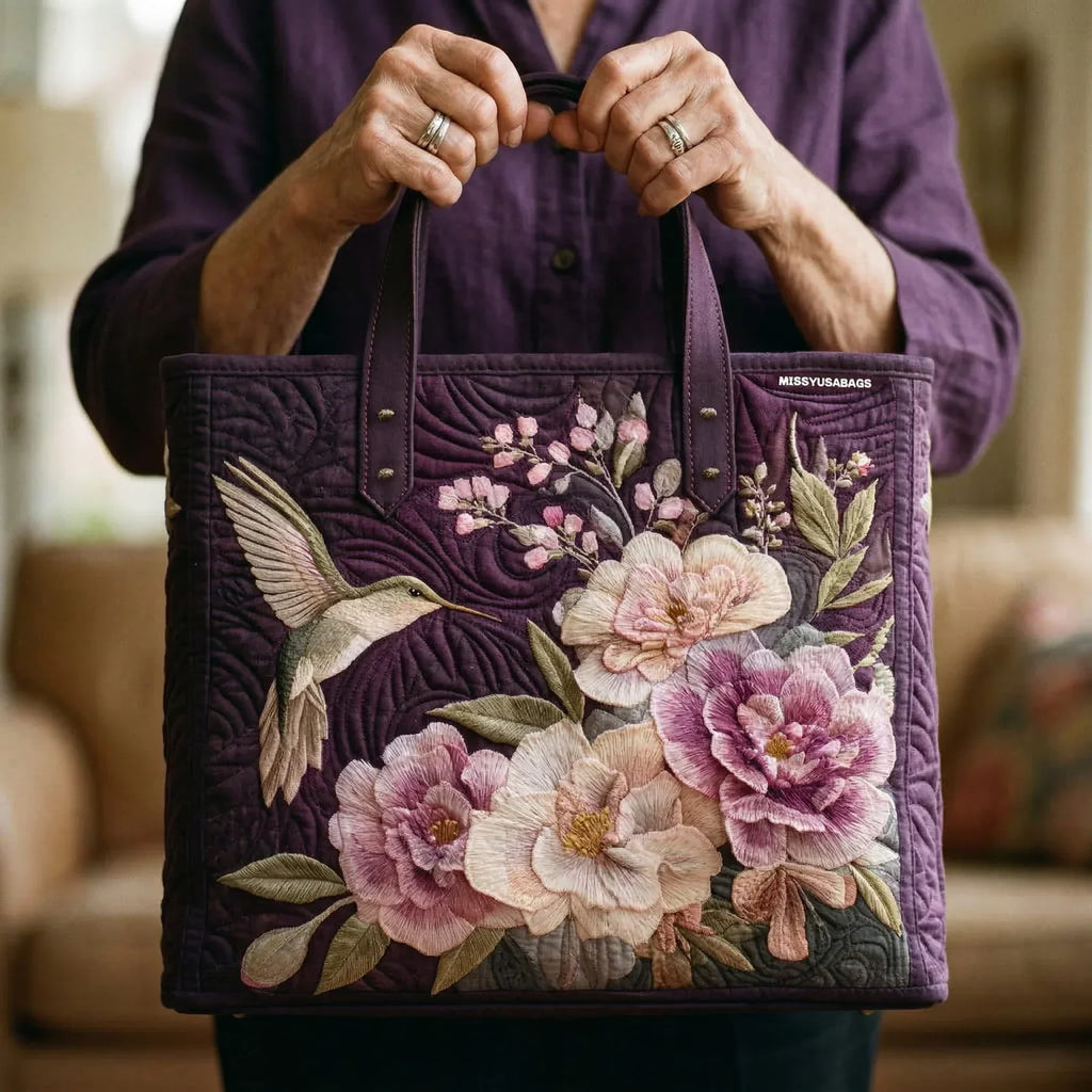 Handgefertigte Stepptasche - Kolibri und Orchidee