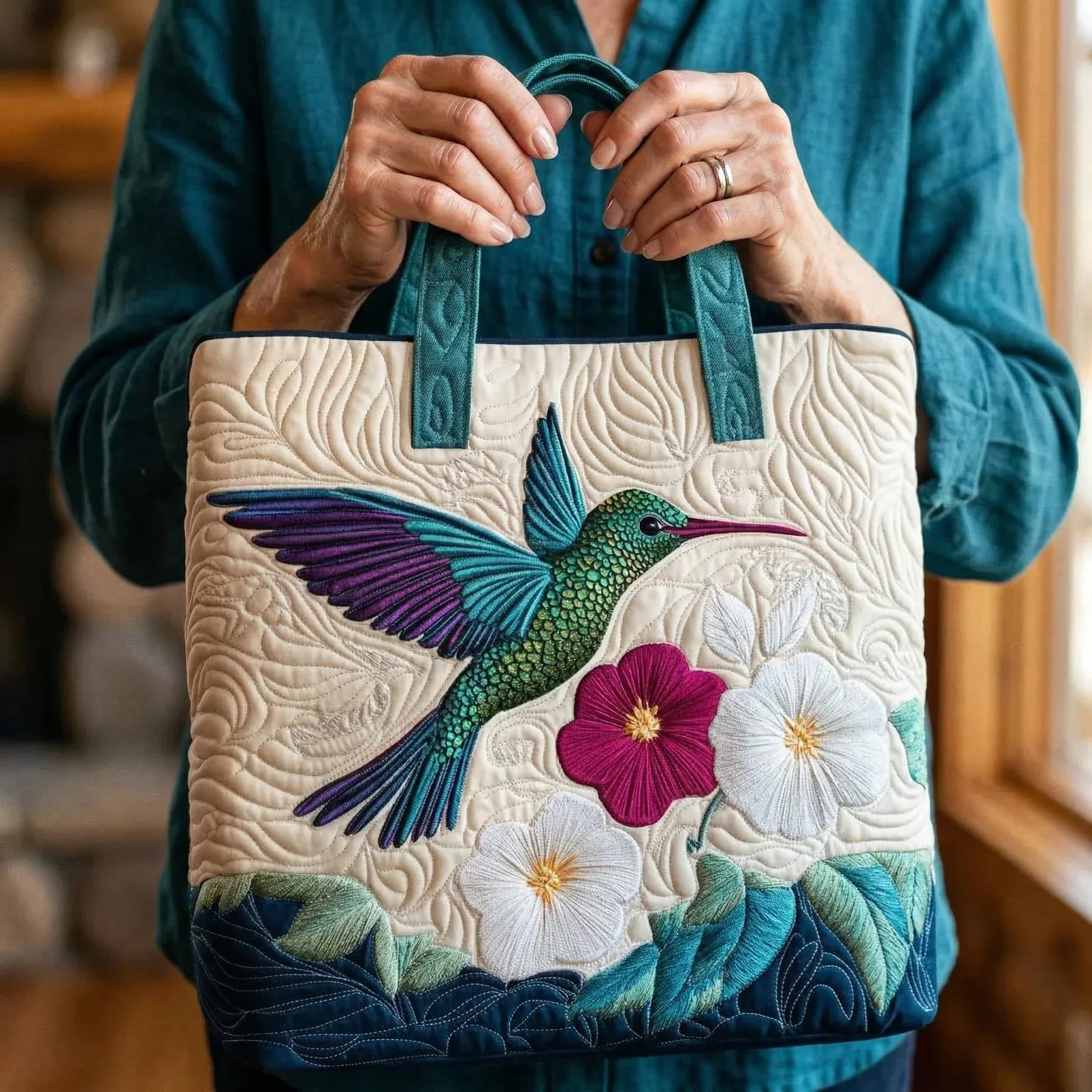 Sac matelassé - Colibri et fleurs blanches