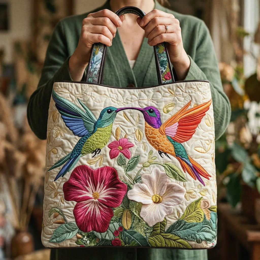 Gesteppte Tasche – Kolibri und weiße Blumen