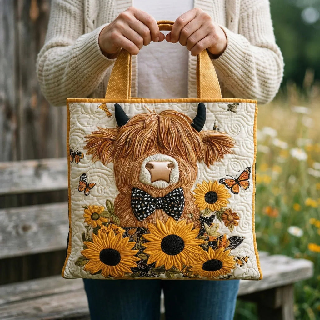 Gesteppte Tasche – Schottisches Hochlandrind und Sonnenblumen